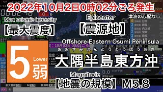 【緊急地震速報(警報)】2022年10月2日0:02ごろ発生　大隅半島東方沖　最大震度5弱