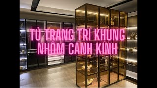 Tủ rượu, tủ trang trí, tủ trưng bày khung nhôm cánh kính, bản lề treo trên dưới Âu Lạc