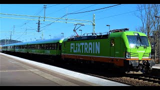 FlixTrain Vectron locomotive and passenger cars in Sweden - April 2021