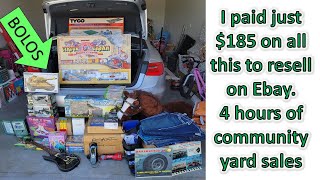 4 hours of a community yard sale sourcing day for inventory to resell on ebay for a profit. Bolos