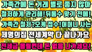 [카카오실화사연]가족간에 돈 거래 별로 좋지 않아.철저하게 관리해!뒤통수 맞기 전에!가족간 철저?오케 접수!어머니 사는집 전세계약 다 끝나가요.전세금 올릴껀데 돈 없음 나가세요!