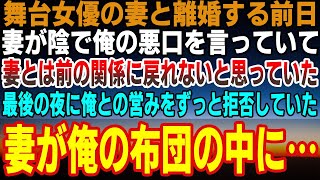 【感動する話】陰で俺の悪口を言っていた舞台女優の妻の事を知り離婚を決意→最後の夜に俺との営みをずっと拒否していた妻が布団に？！俺はそのまま流されそうに…【いい話】【朗読】