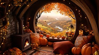 Cozy Hobbit House in Cozy Autumn Forest | Autumn Ambeince, Fireplace ASMR \u0026 Music for Sleep \u0026 Heal