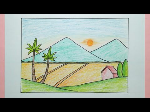 Cara Menggambar Pemandangan Sawah, Gunung, Dan Rumah - Drawing Scenery ...