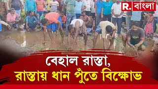 বেহাল রাস্তা। রাস্তায় ধানের চারা রোপণ করে প্রতিবাদ