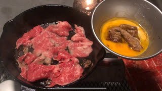 4K 真夜中にベランダですき焼きしてみたら最高に美味しかった。国産牛薄切り。ニトリのスキレット。