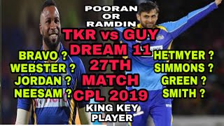 TKR vs GUY Dream 11 Prediction, Trinbago vs Guyana Dream 11 Team, GUY vs TKR CPL 27TH Match Dream 11
