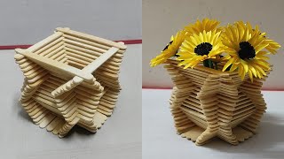 Flower Vase With Ice Cream Sticks| Making Paper Flowers | DIY Easy Flower Vase With Popsicle Sticks