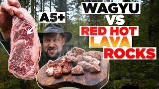 Wagyu steak grilled outdoors on glowing lava stones ASMR style