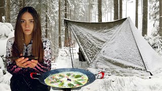 Camping in the RAIN & SNOW in Canvas HOT tent alone | Cooking in the woods | Win
