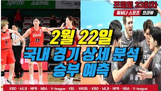 [팀넘나] 2월 22일 오늘의 국내 경기 분석 프로토 승부식 23회차 농구(WKBL), 배구(V리그)