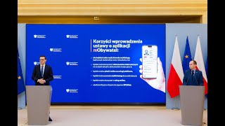 Mateusz Morawiecki i Adam Andruszkiewicz po Radzie Ministrów podczas konferencji o mObywatelu