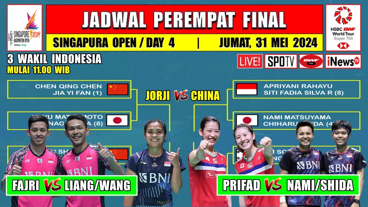 Jadwal 8 Besar Singapura Open 2024 Hari Ini ~ JORJI Vs CHINA ~ PRIFAD ...