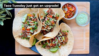 Slow Cooker Beef Tacos with Creamy Avocado Lime Sauce