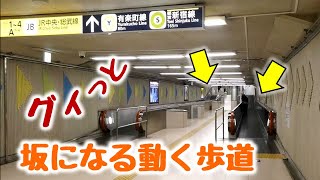 グイっと坂になる動く歩道（東京メトロ市ヶ谷駅）