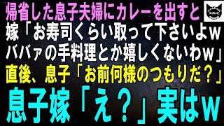 【スカッとする話】帰省した息子夫婦にカレーを振る舞うと嫁「お寿司くらい取って下さいよｗ素人の手料理とか嬉しくないわｗ」直後、息子「お前、何様のつもりだ？」嫁「えっ」実はｗ【修羅場】