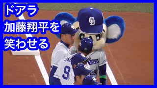 花束贈呈時にドアラが加藤翔平を笑わせる　中日ドラゴンズVS埼玉西武ライオンズ　2022.5.24