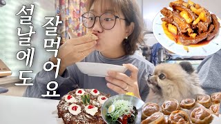 [🌝먹방브이로그] 설날은 합법적으로 많이 먹는거니까 (동그라미분식 | 쫄쫄호떡 | 우리마트케이크 | 만두 | 잡채 | 등갈비찜 | LA갈비)