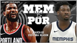 Memphis Grizzlies vs Portland Trail Blazers  Game Highlights | Mar 2 | 2024 NBA