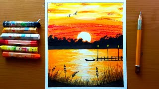 come disegnare il paesaggio Tramonto sul lago # 67  | disegni pastelli a olio | Sunset on the lake