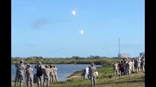 Crazy crowd reactions to twin Falcon Heavy booster landing.