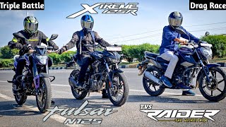 Bajaj Pulsar N125 Vs Hero Xtreme 125r Vs TVS Raider | Drag Race