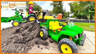 Hauling dirt and finding toy with kids backhoe digger and construction truck. Educational | Kid Crew