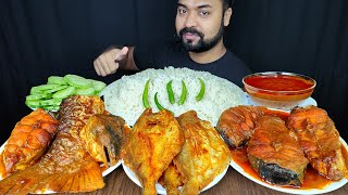 HUGE SPICY BIG FISH CURRY, FISH GRAVY, POMFRET FISH FRY, RICE, SALAD MUKBANG EATING | BIG BITES |