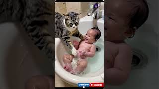 Cat bathing baby ❤️ #agt #gottalent #cuteanimals #cat #baby #animals