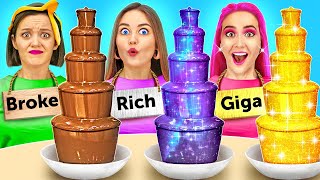 RICH VS BROKE VS GIGA RICH FOOD CHALLENGE || Chocolate Fountain Fondue Challenge by 123 GO! Series