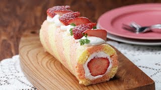 しましま模様がかわいい♪ まるごといちごのロールケーキ🍓