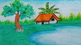 How To Draw A Village Scenery Drawing ||  গ্রামের দৃশ্য আকানোর সহজ উপায় || Village Scenery Drawing