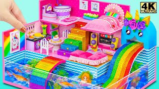 Make Aquarium around Mini Pink Cardboard House with Rainbow Unicorn Slide   DIY Miniature House