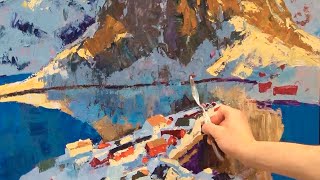 Snowy mountains, palette knife acrylic painting for beginners, full process.