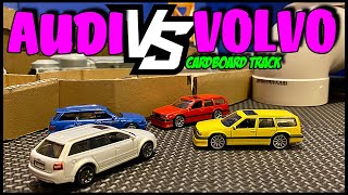 AUDI VS VOLVO - Homemade Cardboard MDF Track - Hot Wheels Racing - 2 Lace Races - Handmade Racetrack