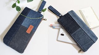 DIY Small Easy Patchwork Denim Bag With Zipper Out of Old Jeans Fabric Remnants | Bag Tutorial
