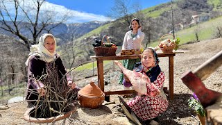 Cooking Lamb Chigirtma with Potatoes and Eggplant in Mountain Village