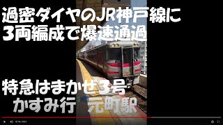 過密ダイヤのJR神戸線に３両編成で爆速通過　特急はまかぜ３号かすみ行　元町駅　2022年4月7日　【撮り鉄#480】