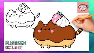 How To Draw Pusheen Cat - Strawberry Chocolate Eclair | Cute Easy Step By Step Drawing Tutorial