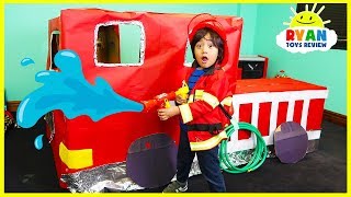 Ryan Pretend Play with Fire Truck Box Fort