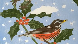 Redwings in the Holly - a reduction linocut by Teresa Newham