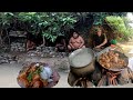 Pork Meat With Rice Cooking & Eating We Build Survival Stone House Bushcraft Cave Shelter in Jungle