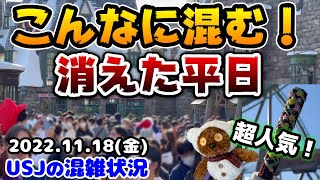 【USJ平日なんて関係ない‼︎】今のパークは凄かった...これから行く人に知って欲しい注意点や新作グッズ、クリスマスチュリトスをご紹介2022年11月18日金曜日ユニバーサルスタジオジャパンの混雑状況