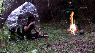 Solo Camping building shelter by waterproof plastics - Bushcraft Shelter - ASMR nature