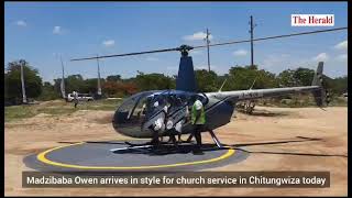 Madzibaba Owen Chingondi arriving in a helicopter for a church service