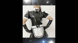 Faux Leather Sissy Lolita Sweet Dress Short Sleeve Shiny Costume Maid Dress With Gloves Apron