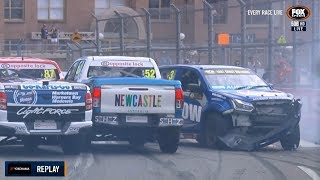 ECB SuperUtes Series 2018. Race 2 Newcastle Street Circuit. Restart Crashes