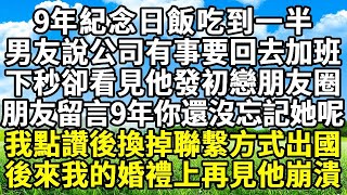 9年紀念日飯吃到一半 ， 男友說公司有事要回去加班 ， 下一秒卻看見他發初戀朋友圈 ， 朋友留言9年了你還沒忘記她呢 ， 我點讚後換掉聯繫方式出國 ， 後來我的婚禮上再見他崩潰#悠然書影#情感故事