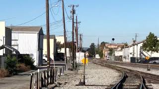 Southbound UP Auto Train through Downtown Gilroy w/ a friendly crew and a really cool horn