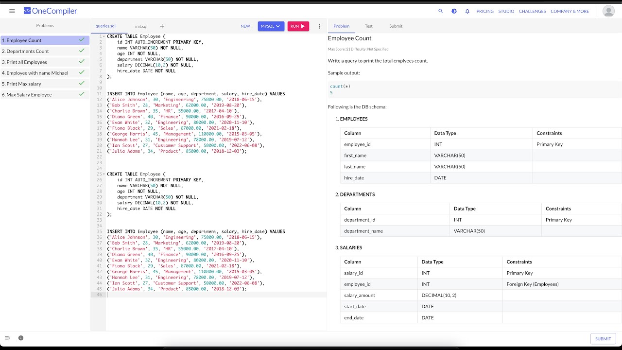 Creating Database Challenges In Onecompiler Youtube